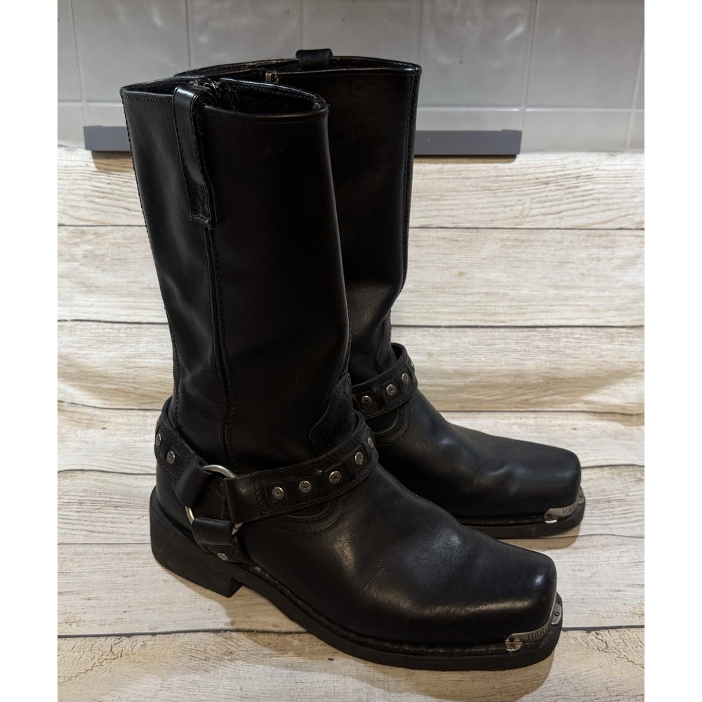 Mens Harley Davidson Mid Side Zip Black Leather Boots Toe Plate Size 8.5